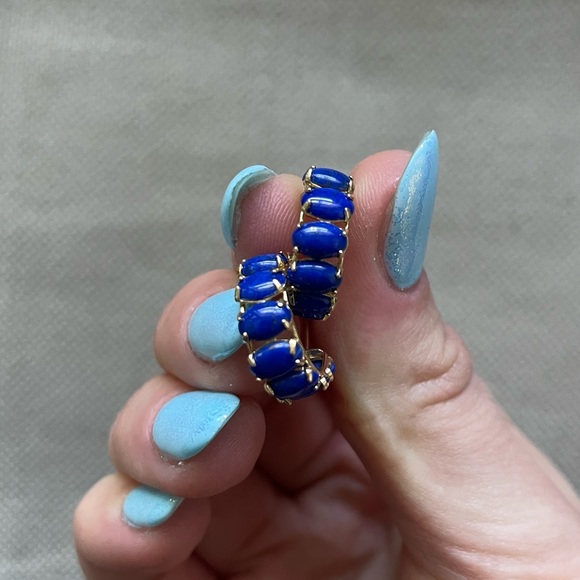 Estate💙14KT Gold💙Lapis Cabochon Half Huggie Hoop Earrings - Picture 7 of 7